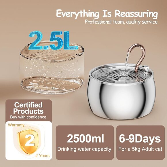 Cat Water Fountain Stainless Steel 2.5L/84oz Quiet Automatic Pet Water Dispenser - Picture 7 of 8